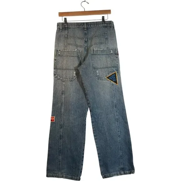 Y2K Small Gang Embroidered Wide Leg Denim Jeans 30x30